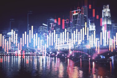 Yüksek binalar arka plan çok pozlama ile şehir scape mali grafik. Analiz kavramı.