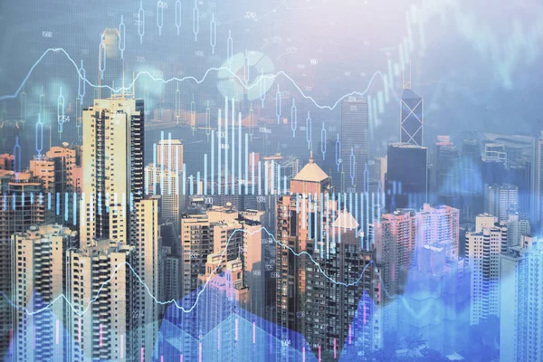 Forex graph on city view with skyscrapers background multi exposure. Financial analysis concept. — Stock Photo, Image