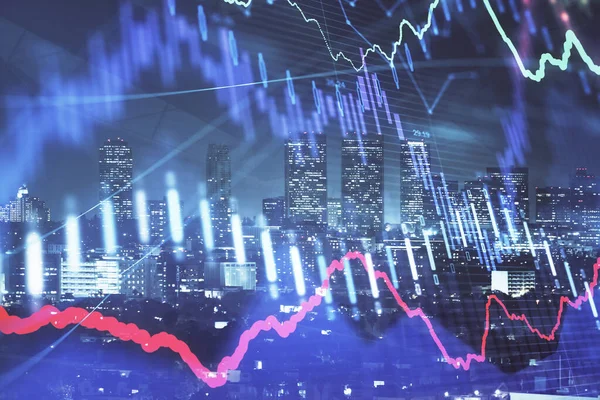 Financial graph on night city scape with tall buildings background multi exposure. Analysis concept.