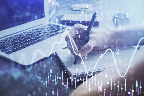 Devisendiagramm auf der Hand von Frauen, die Notizen Hintergrund angezeigt. Forschungskonzept. Mehrfachbelichtung — Stockfoto