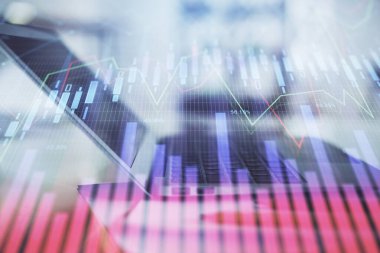 Bilgisayar geçmişi olan eski grafik hologramı. Çifte maruziyet. Finans piyasası kavramı.