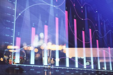 Eski pazar grafiği hologramı ve kişisel bilgisayar geçmişi. Çoklu maruz kalma. Yatırım kavramı.