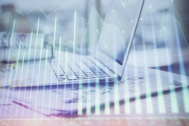 Bilgisayar geçmişi olan eski grafik hologramı. Çoklu maruz kalma. Finans piyasası kavramı.