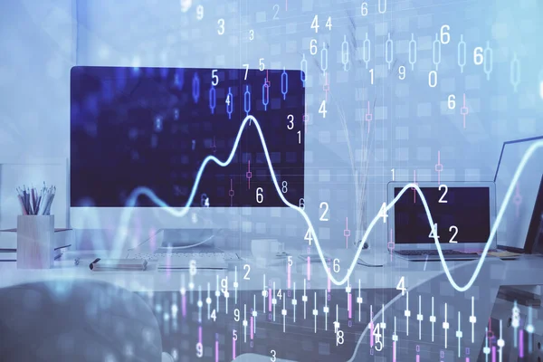 Forex Diagram hologram på bordet med datorbakgrund. Dubbel exponering. Begreppet finansiella marknader. — Stockfoto