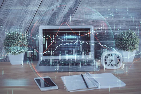 Multi expozíció diagram és pénzügyi információk és munkaterület számítógépes háttérrel. A nemzetközi online kereskedelem fogalma. — Stock Fotó