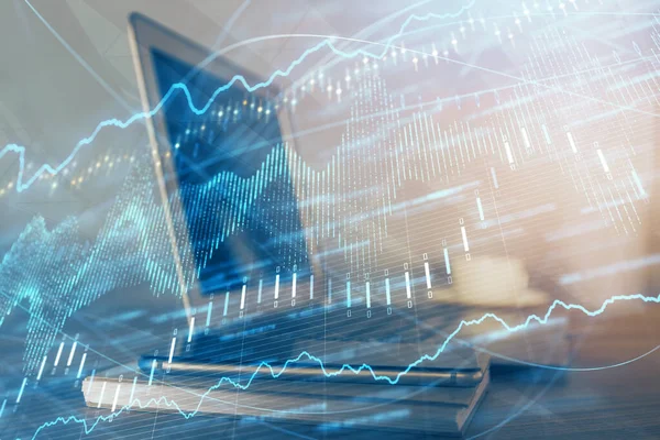背景にコンピューターを使用した財務チャートと表。多重露光。国際市場の概念. — ストック写真