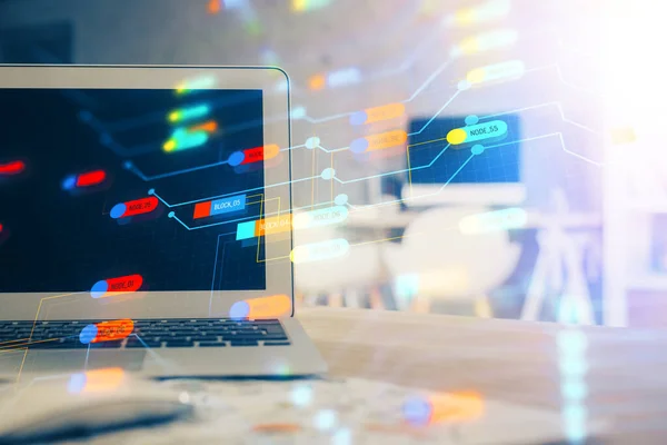 Technologie thema tekening en tafel met computer. Meervoudige blootstelling. Begrip informatie. — Stockfoto