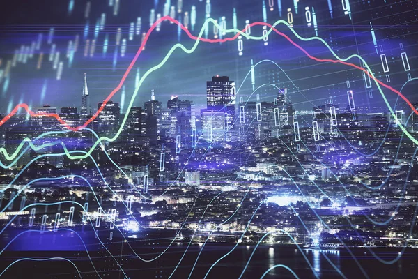 Gráfico financeiro sobre paisagem da cidade noturna com edifícios altos de fundo exposição dupla. Conceito de análise . — Fotografia de Stock