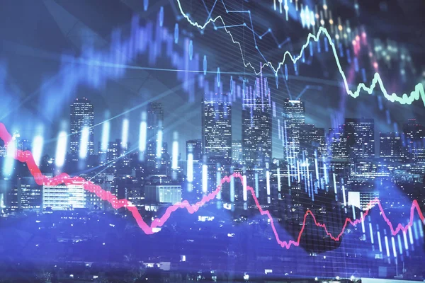 Financiële grafiek op Night City Scape met hoge gebouwen achtergrond multi exposure. Analyse concept. — Stockfoto