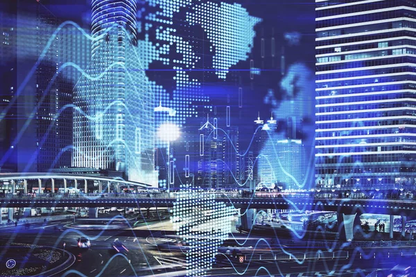 Financial chart on city scape with tall buildings background multi exposure. Analysis concept.