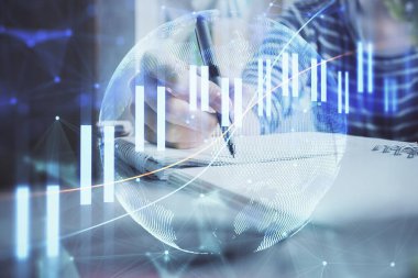 Finansal Forex grafiği el notları arka plan alarak çizilmiş. Araştırma kavramı. Çift Pozlama