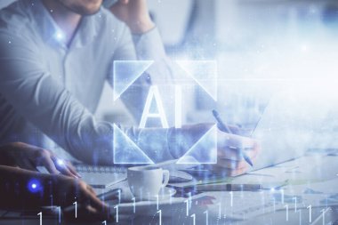 Kadın ve erkeğin birlikte çalışması ve teknoloji temasının hologramı çekmesi. Büyük veri konsepti. Bilgisayar arkaplanı.