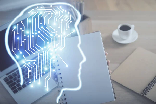 Multi exponering av kvinnliga händer som arbetar på dator och mänsklig hjärna hologram ritning. Ai tech-konceptet. — Stockfoto