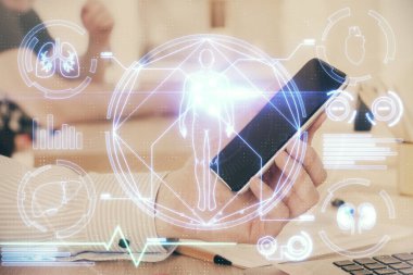 Erkeklerin el ele tutuşmalarının ve telefon ve eğitim teması çizimlerinin çifte pozu.