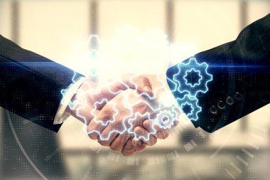 İki kişinin iş temalı hologramı ve el sıkışması. Başarı konsepti.