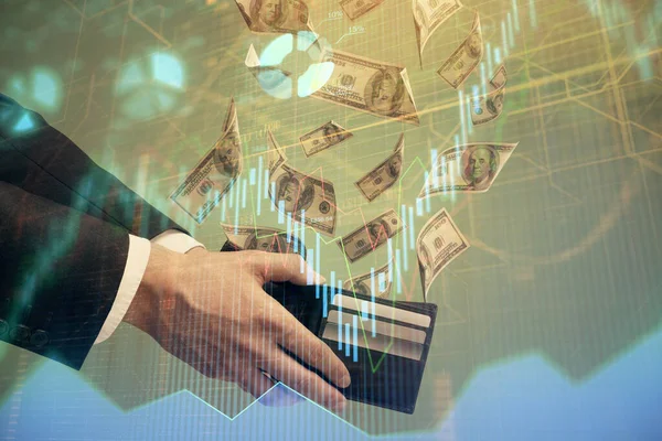 Multi exponering av finansiella diagram rita hologram och USA dollar räkningar och manshänder. Analyskoncept. — Stockfoto