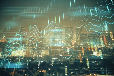 Yüksek binalar arka plan çok pozlama ile gece şehir scape mali grafik. Analiz kavramı.