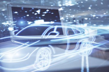 Otomobil hologramı çizimi olan masaüstü bilgisayar arkaplanı. Çoklu maruz kalma. Teknoloji kavramı.