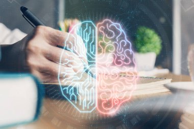 Arka planda beyin hologramıyla el yazısına çok maruz kalmış. Kendi kendine öğrenme kavramı.