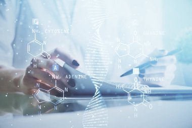 Kadınların el yazısı üzerine DNA temalı hologram. Eğitim kavramı. Çift pozlama
