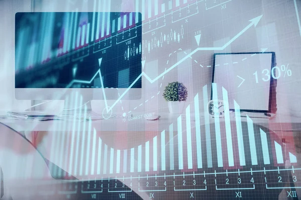 Multi exponering av aktiemarknaden diagram ritning och kontor interiör bakgrund. Begreppet finansiell analys. — Stockfoto