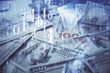 İki kez veri temasına maruz kalınca dolar banknotları arka planda kalıyor. Teknoloji konsepti.