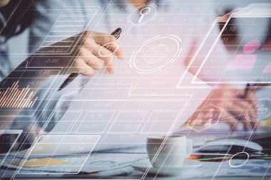 Veri temalı çizimin arka plan yazan insanların üzerine çifte pozlanması. Teknoloji kavramı