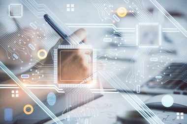 Veri temalı çizimin arka plan yazan insanların üzerine çifte pozlanması. Teknoloji kavramı