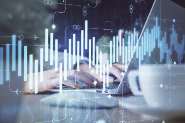 Bilgisayarda ve ön x grafik hologram çiziminde kadın eli yazarken çift pozlama. Borsa yatırım kavramı.