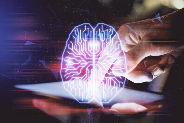 Dubbel exponering av människan hand hålla och använda en digital anordning och hjärnan hologram ritning. Datakoncept. — Stockfoto