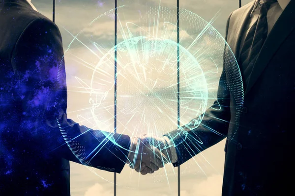 Dubbel exponering av affärstema hologram och handslag av två män. Framgångsrikt koncept. — Stockfoto