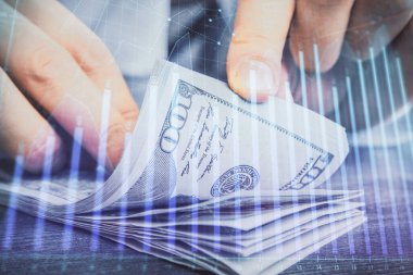 Forx grafiği, hologram, Amerikan dolarları ve insan eli çizimleri. Teknik Analiz kavramı.