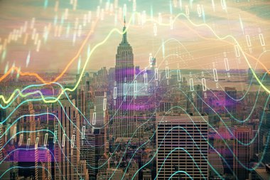 Gökdelenler arka planda çift pozlama ile şehir görünümünde eski grafik. Mali analiz kavramı.