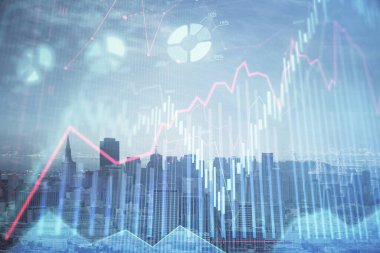 Gökdelenler arka planda çoklu pozlama ile şehir görünümünde eski grafik. Mali analiz kavramı.