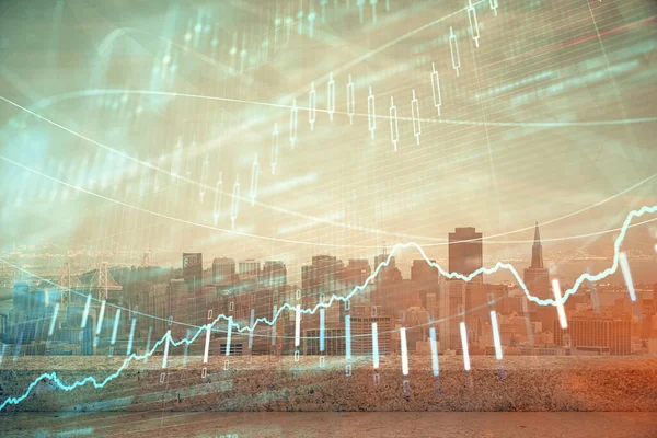 Forex graph on city view with skyscrapers background multi exposure. Financial analysis concept. — Stock Photo, Image