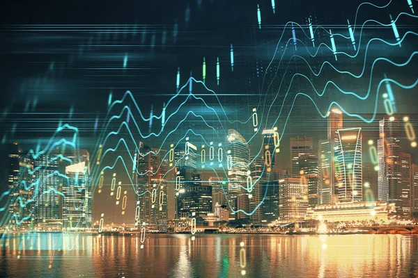 Yüksek binalar arka plan çok pozlama ile şehir scape mali grafik. Analiz kavramı.
