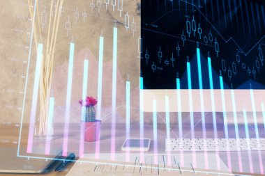 Bilgisayar geçmişi olan eski grafik hologramı. Çifte maruziyet. Finans piyasası kavramı.