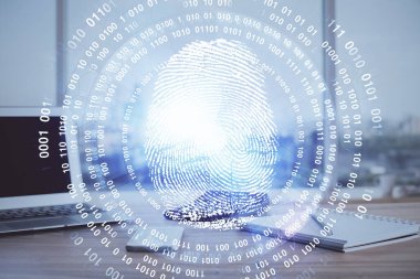 Ofisteki bilgisayarın parmak izi çizimi. Çifte maruziyet. İş veri güvenliği kavramı.