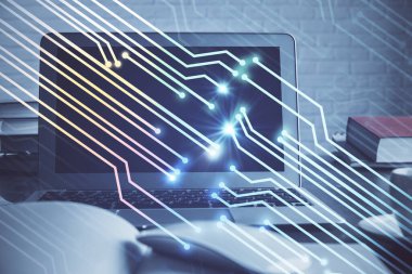 Bilgisayarın arka plan ve teknoloji temalı çizimlerine çoklu maruz kalma. Yenilik kavramı.