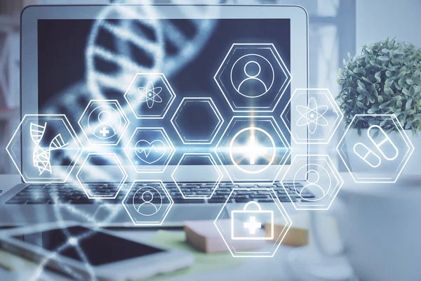 Desktop-Computer Hintergrund und DNA-Zeichnung. Doppelbelichtung. Wissenschaftskonzept. — Stockfoto
