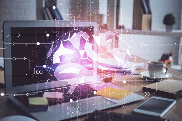 Doble exposición de la mesa de trabajo con el holograma de la computadora y del cerebro. Concepto de lluvia de ideas . —  Fotos de Stock