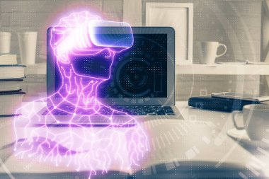 AR tema simgesi olan bilgisayar masaüstünde. Çoklu maruz kalma. Artırılmış gerçeklik kavramı.