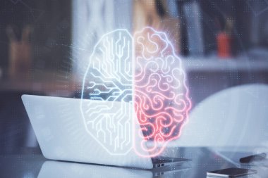 Bilgisayar ve beyin hologramıyla iki kat maruz kalmışlar. Veri yeniliği kavramı.