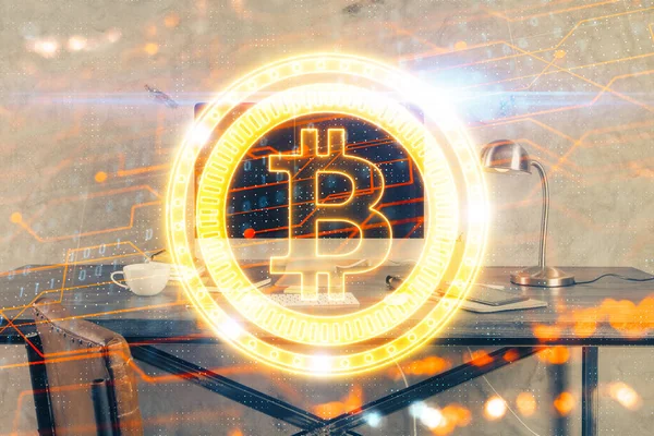 Doppelbelichtung von Blockchain und Kryptoökonomie Thema Hologramm und Tabelle mit Computer-Hintergrund. Konzept der Kryptowährung Bitcoin. — Stockfoto