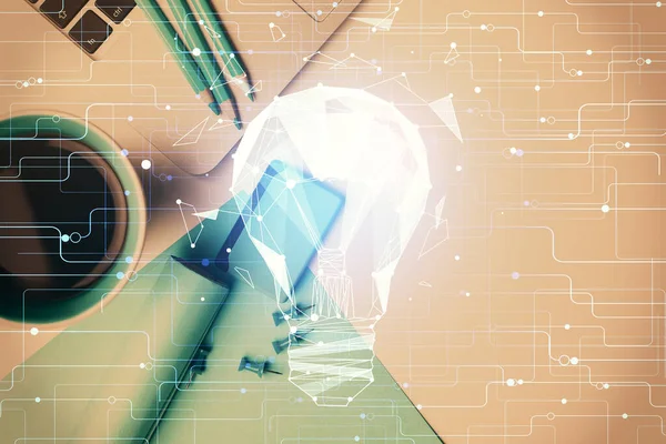 Masaüstü arka planında ampul çizimi. Üst Manzara. Çifte maruziyet. Fikir kavramı.