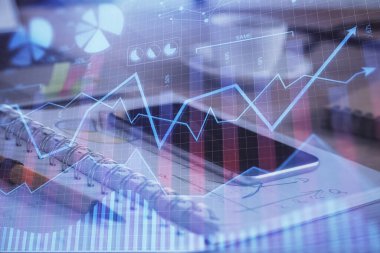 Ön plan çizimi ve cep telefonu arkaplanı çift pozlama. Mali veri analizi kavramı