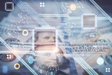 İki kez veri temasına maruz kalınca dolar banknotları arka planda kalıyor. Teknoloji konsepti.