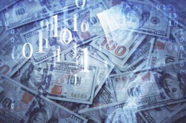 İki kez veri temasına maruz kalınca dolar banknotları arka planda kalıyor. Teknoloji konsepti.