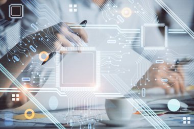 Veri temalı çizimin arka plan yazan insanların üzerine çifte pozlanması. Teknoloji kavramı