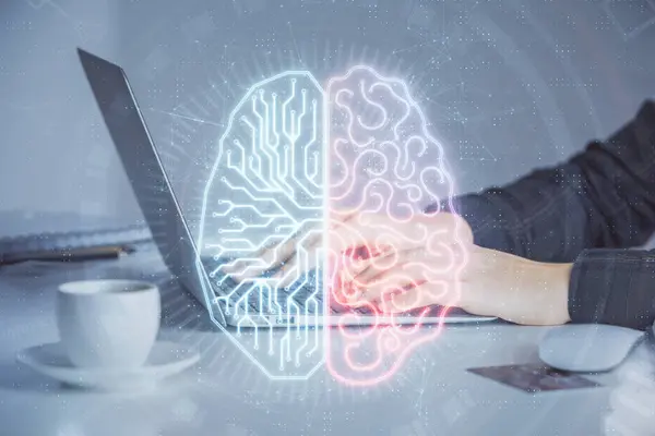 Multi blootstelling van de handen van de vrouw werken aan computer en menselijke hersenen hologram tekening. Ai-tech concept. — Stockfoto